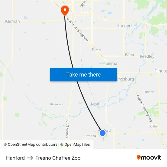 Hanford to Fresno Chaffee Zoo map