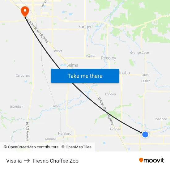 Visalia to Fresno Chaffee Zoo map