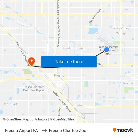 Fresno Airport FAT to Fresno Chaffee Zoo map