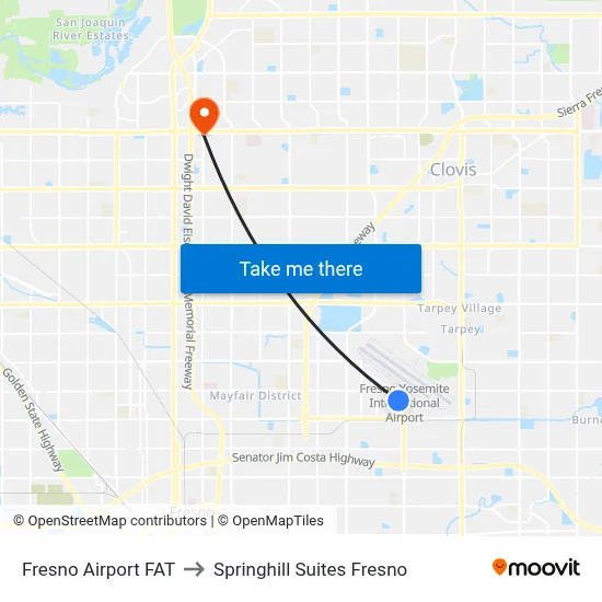 Fresno Airport FAT to Springhill Suites Fresno map