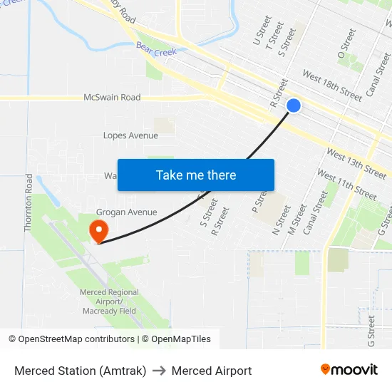 Merced Station (Amtrak) to Merced Airport map