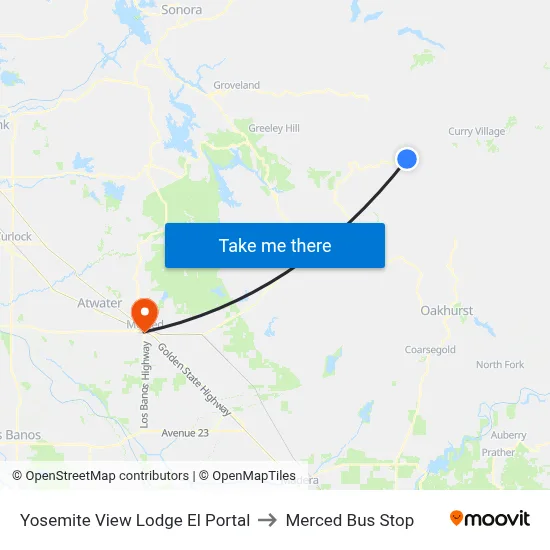 Yosemite View Lodge El Portal to Merced Bus Stop map