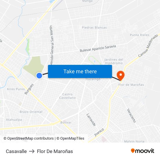 Casavalle to Flor De Maroñas map