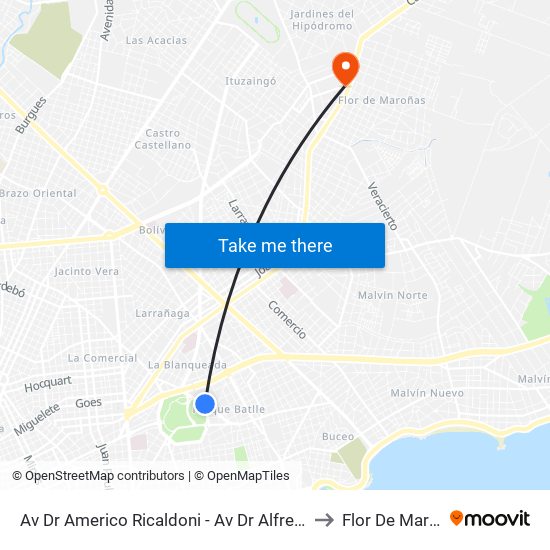 Av Dr Americo Ricaldoni - Av Dr Alfredo Navarro to Flor De Maroñas map