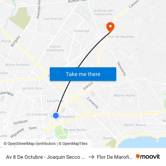 Av 8 De Octubre - Joaquin Secco Illa to Flor De Maroñas map
