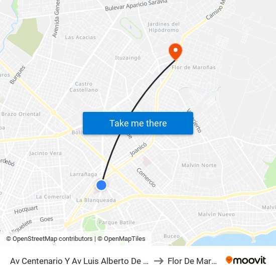 Av Centenario Y Av Luis Alberto De Herrera to Flor De Maroñas map