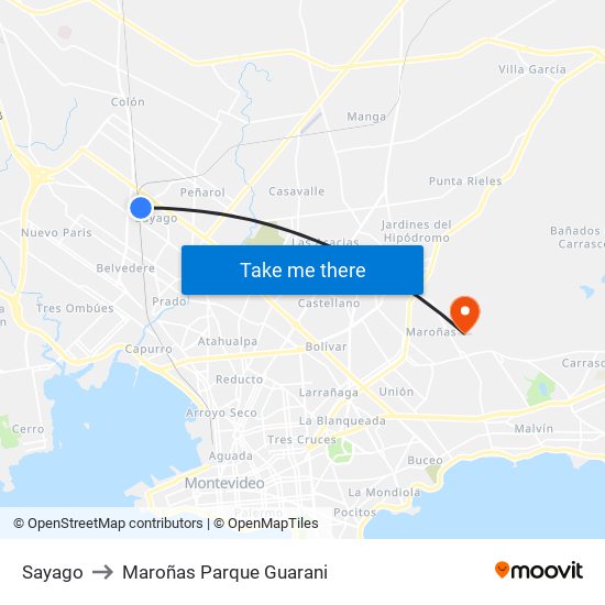 Sayago to Maroñas Parque Guarani map