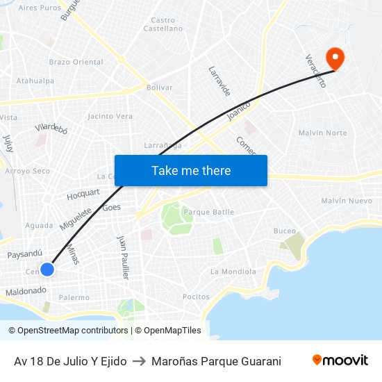 Av 18 De Julio Y Ejido to Maroñas Parque Guarani map