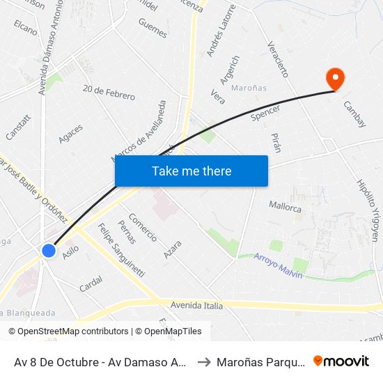 Av 8 De Octubre - Av Damaso Antonio Larrañaga to Maroñas Parque Guarani map