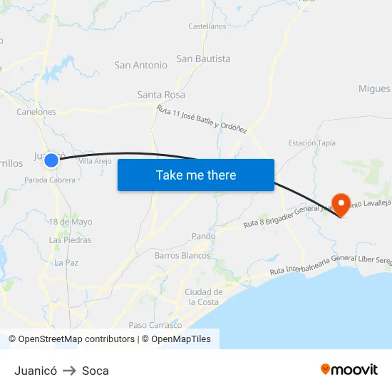 Juanicó to Soca map
