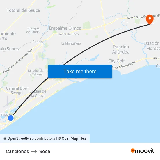 Canelones to Soca map
