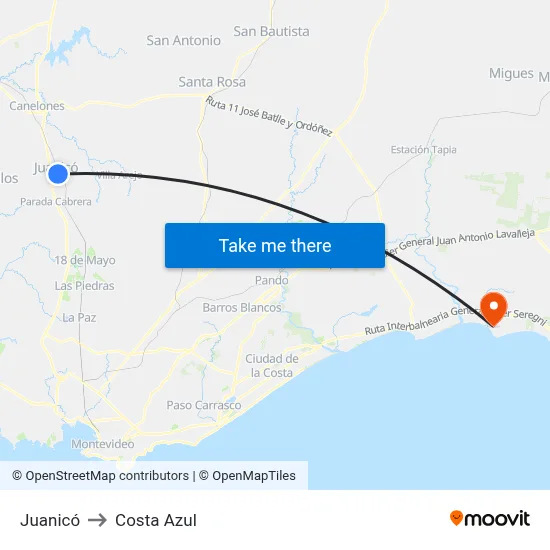 Juanicó to Costa Azul map