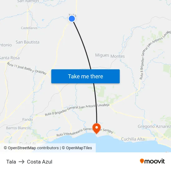 Tala to Costa Azul map