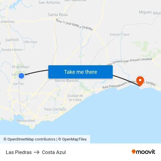 Las Piedras to Costa Azul map