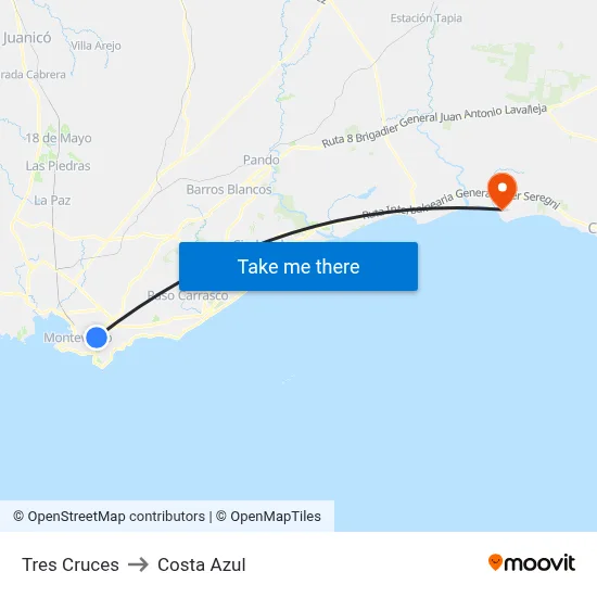 Tres Cruces to Costa Azul map