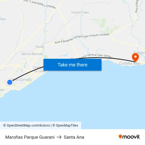 Maroñas Parque Guarani to Santa Ana map