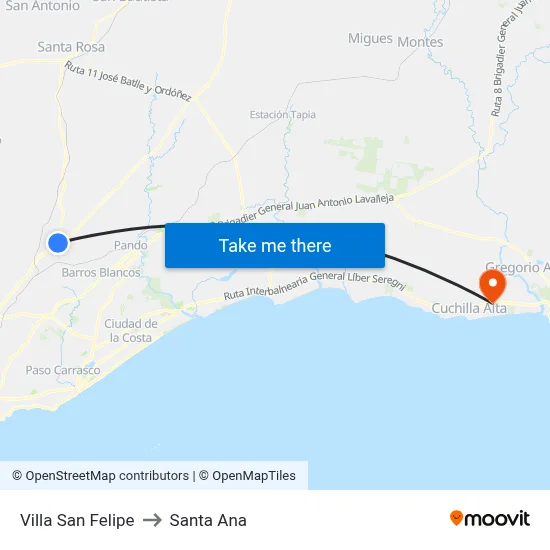 Villa San Felipe to Santa Ana map