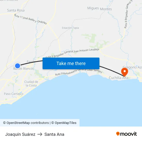 Joaquín Suárez to Santa Ana map