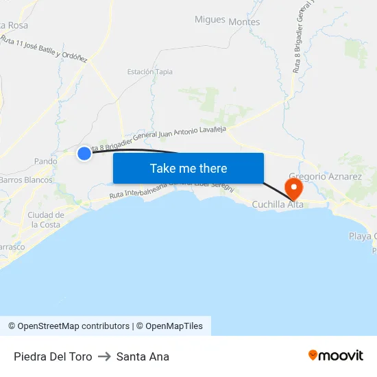 Piedra Del Toro to Santa Ana map