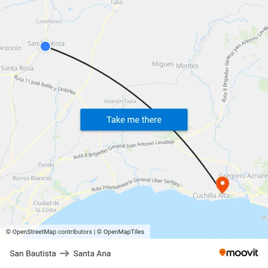San Bautista to Santa Ana map
