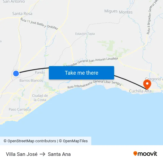 Villa San José to Santa Ana map