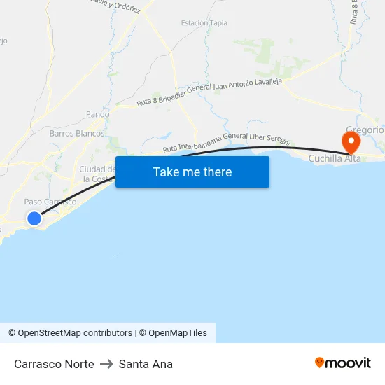 Carrasco Norte to Santa Ana map