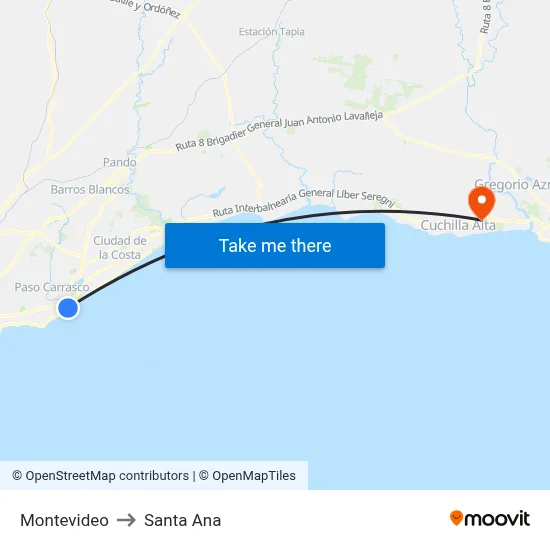 Montevideo to Santa Ana map