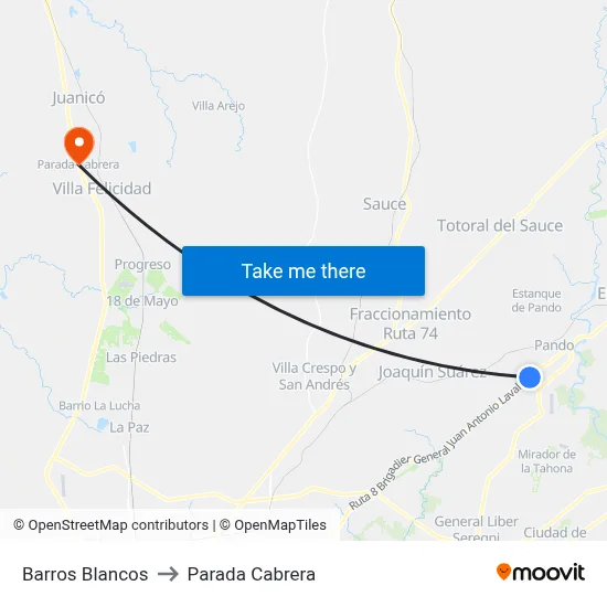 Barros Blancos to Parada Cabrera map