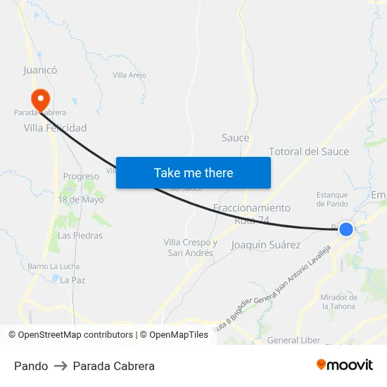 Pando to Parada Cabrera map