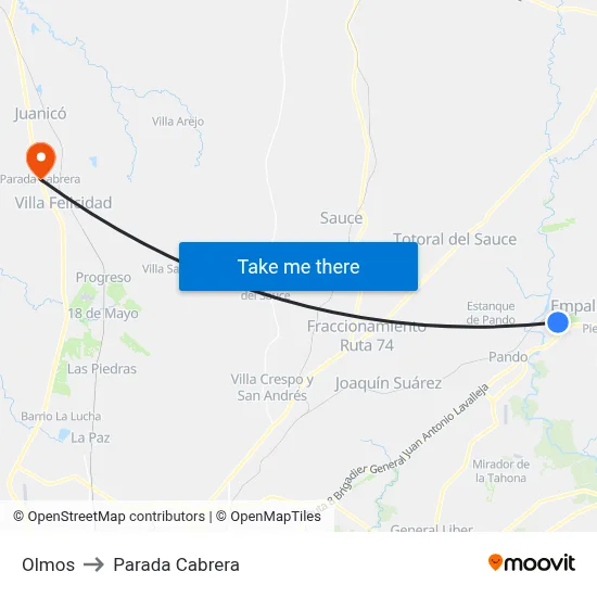 Olmos to Parada Cabrera map