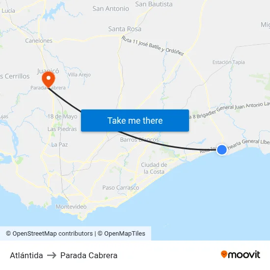 Atlántida to Parada Cabrera map