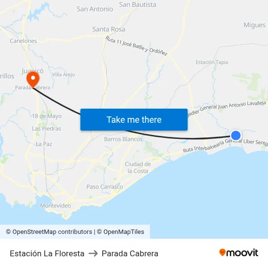 Estación La Floresta to Parada Cabrera map