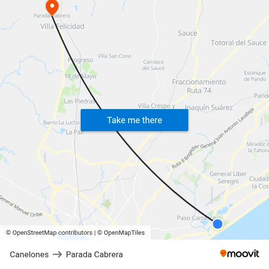 Canelones to Parada Cabrera map