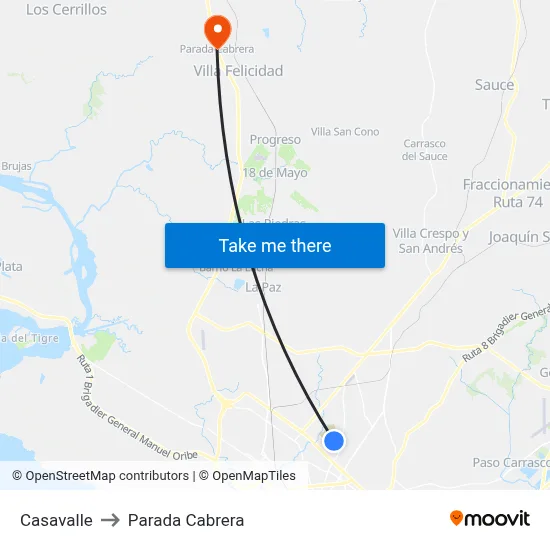 Casavalle to Parada Cabrera map