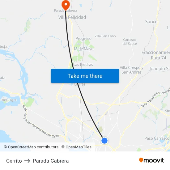 Cerrito to Parada Cabrera map