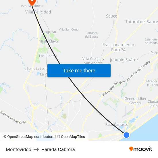 Montevideo to Parada Cabrera map