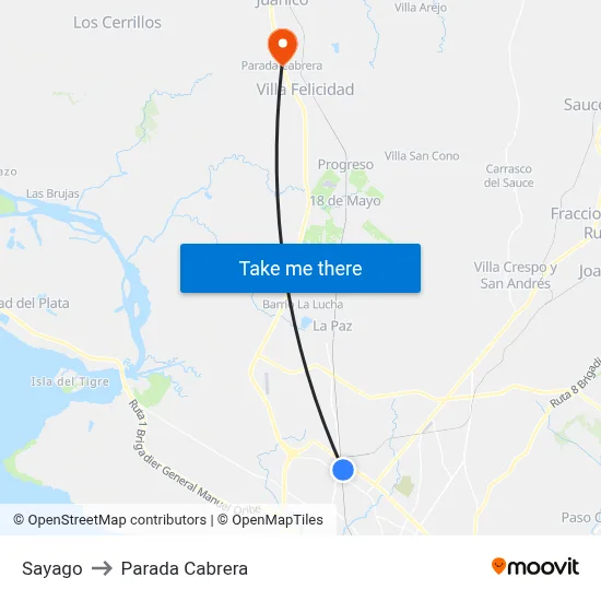 Sayago to Parada Cabrera map