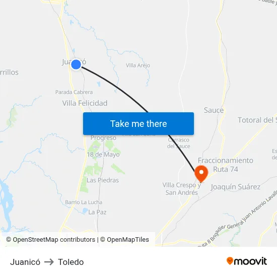 Juanicó to Toledo map