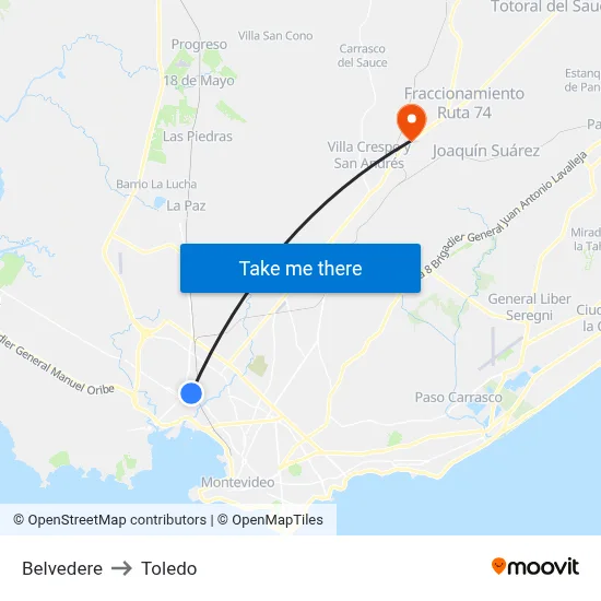 Belvedere to Toledo map