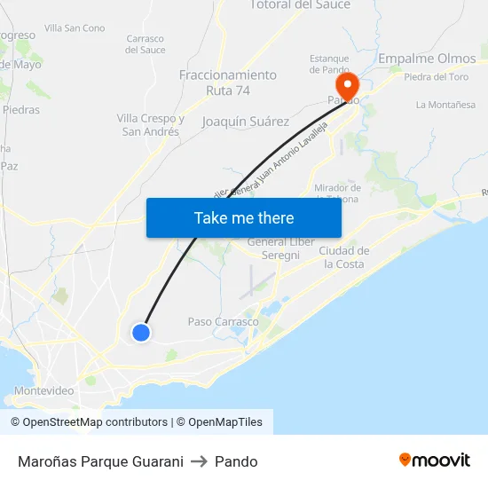 Maroñas Parque Guarani to Pando map