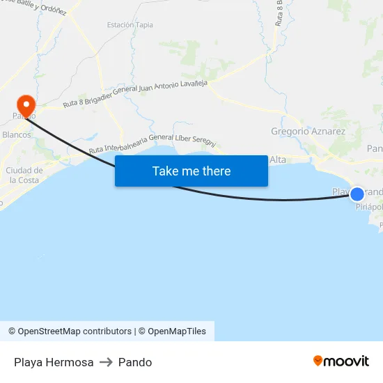 Playa Hermosa to Pando map