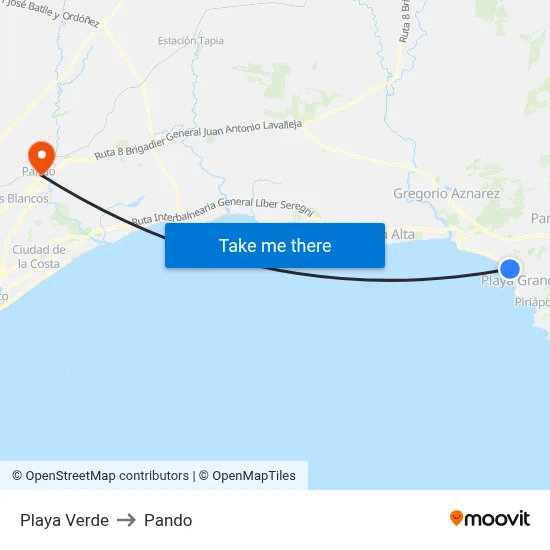 Playa Verde to Pando map