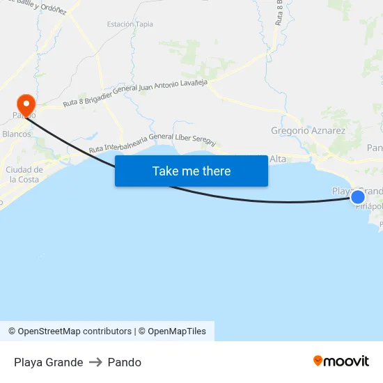 Playa Grande to Pando map
