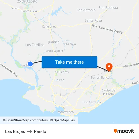 Las Brujas to Pando map