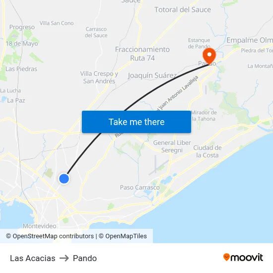 Las Acacias to Pando map