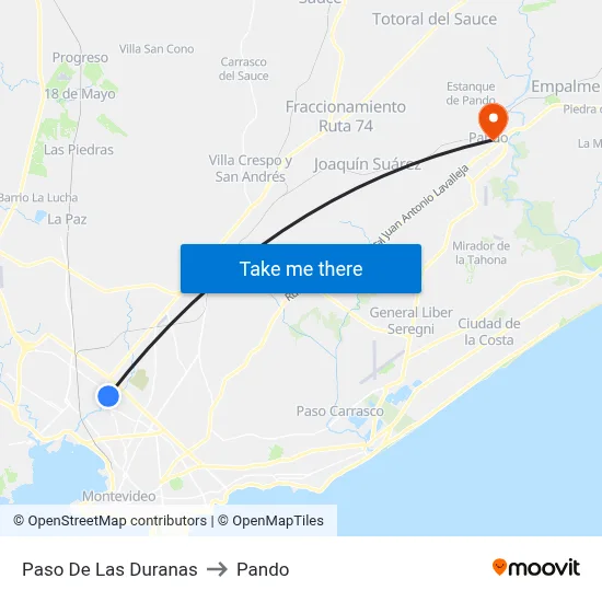 Paso De Las Duranas to Pando map