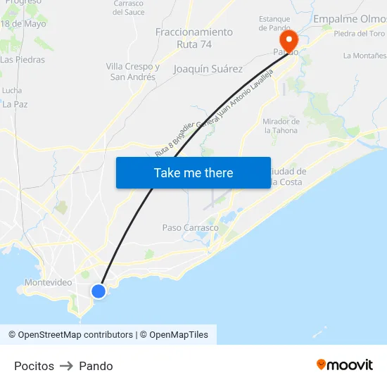 Pocitos to Pando map