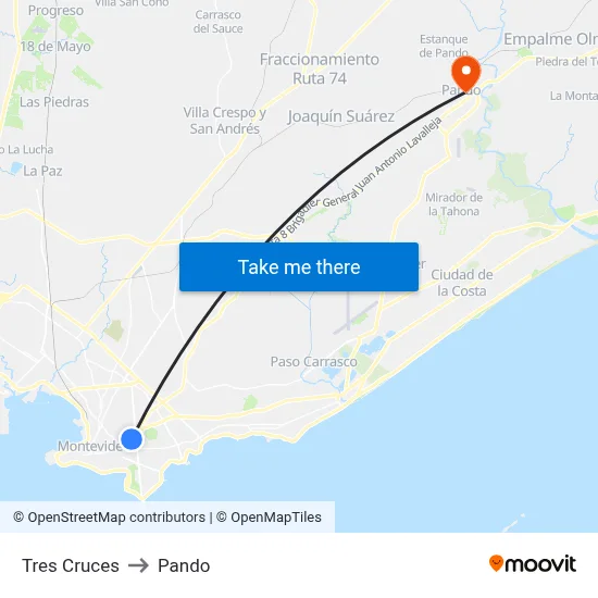 Tres Cruces to Pando map