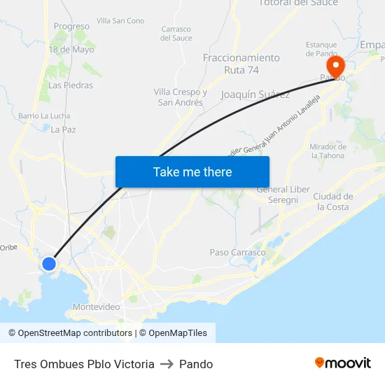 Tres Ombues Pblo Victoria to Pando map