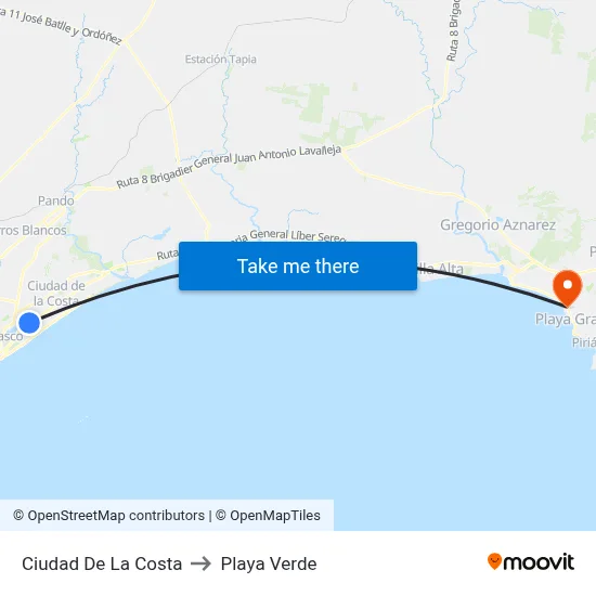 Ciudad De La Costa to Playa Verde map